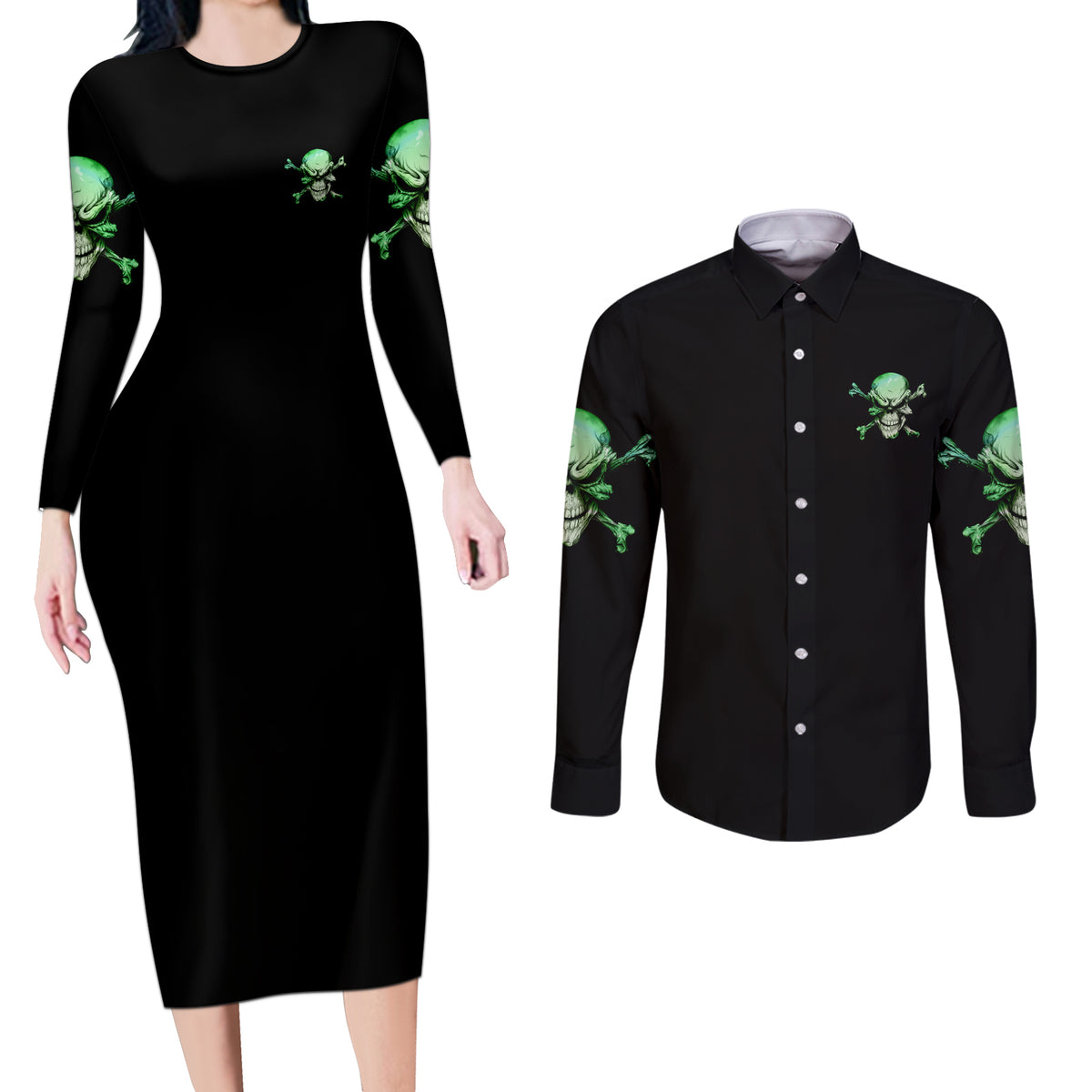 When I Was Born Mad Skull Couples Matching Long Sleeve Bodycon Dress and Long Sleeve Button Shirt - Wonder Print Shop