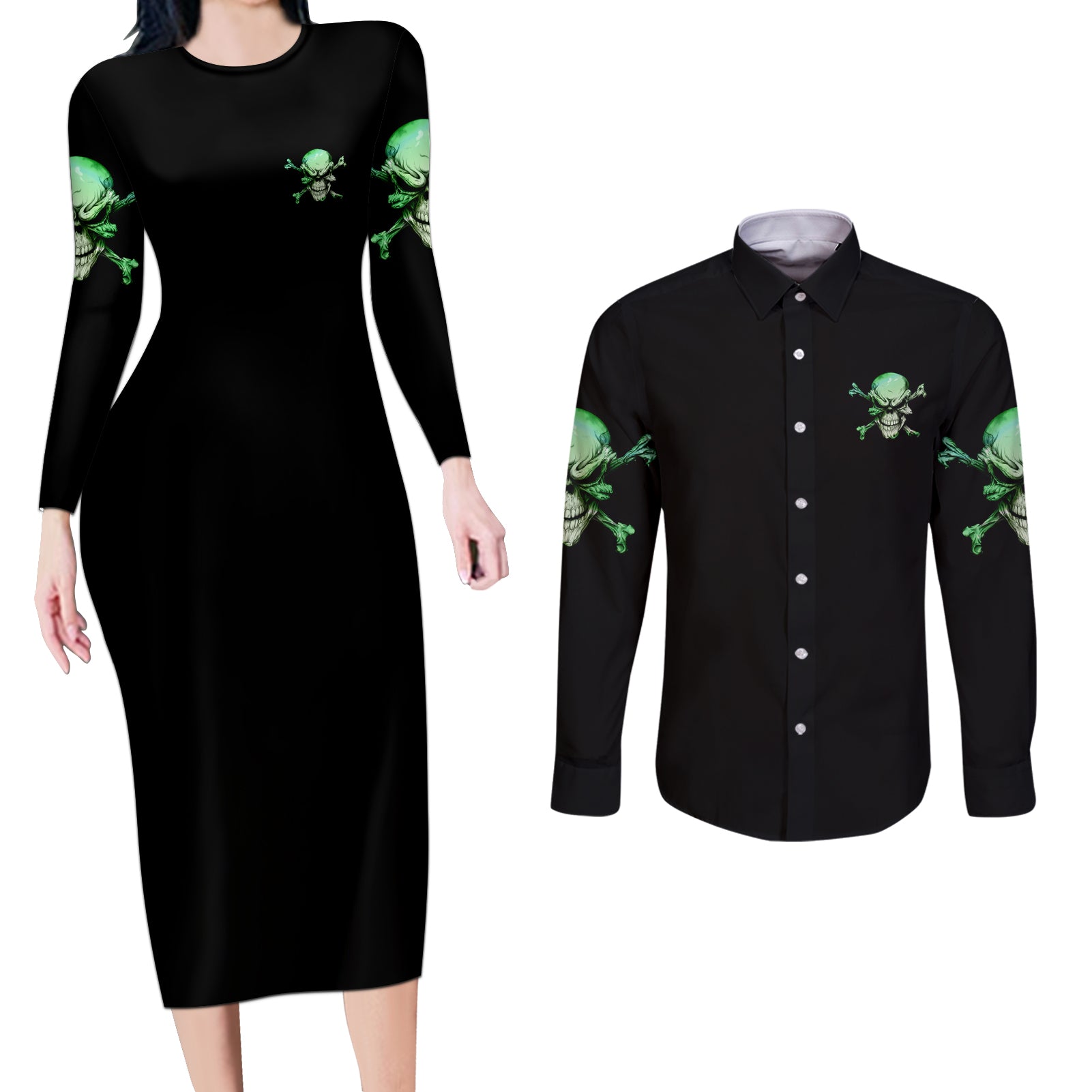 When I Was Born Mad Skull Couples Matching Long Sleeve Bodycon Dress and Long Sleeve Button Shirt - Wonder Print Shop