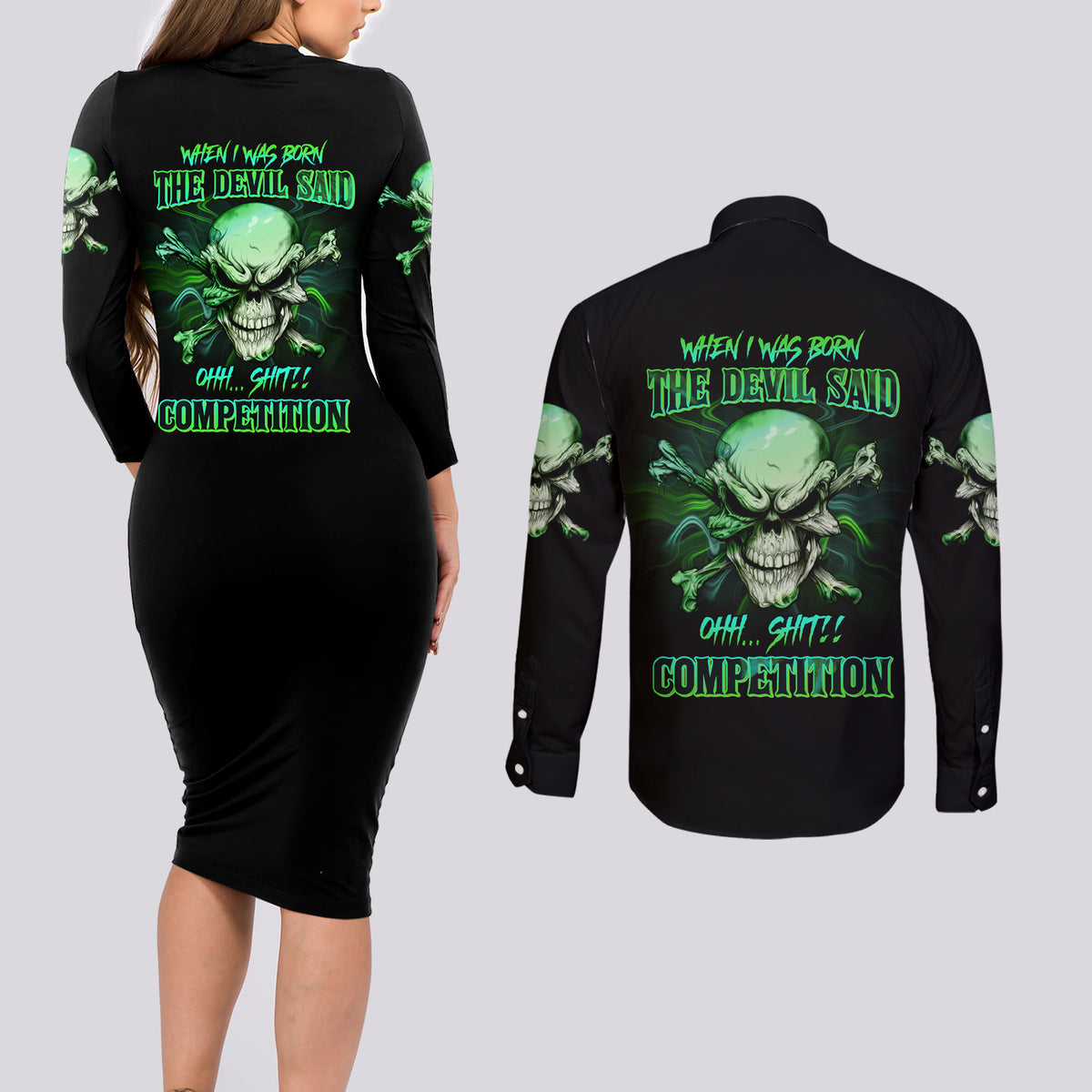 When I Was Born Mad Skull Couples Matching Long Sleeve Bodycon Dress and Long Sleeve Button Shirt - Wonder Print Shop