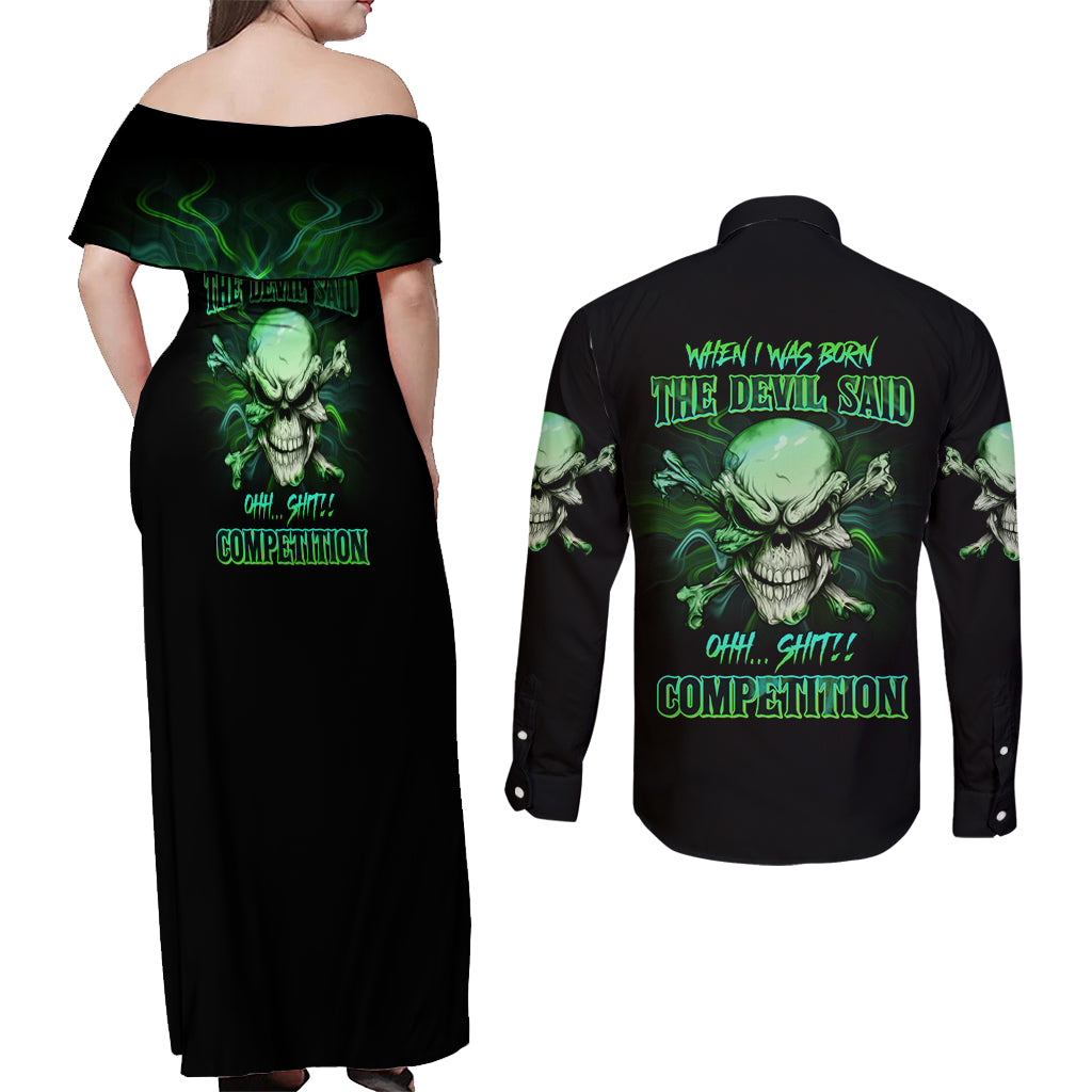 When I Was Born Mad Skull Couples Matching Off Shoulder Maxi Dress and Long Sleeve Button Shirt - Wonder Print Shop