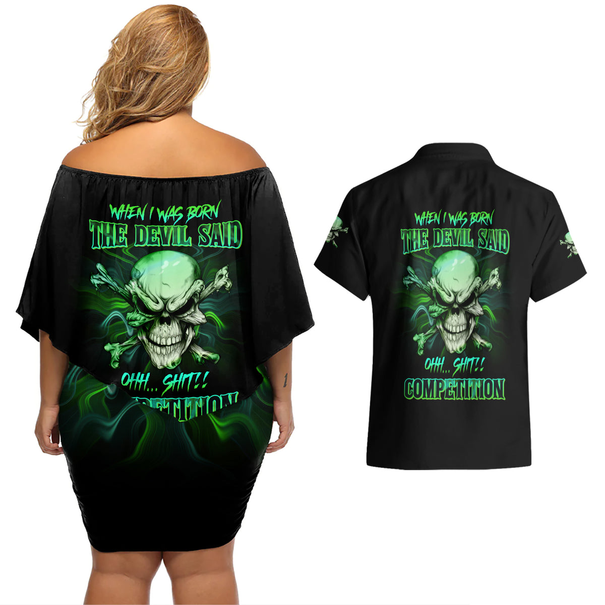 When I Was Born Mad Skull Couples Matching Off Shoulder Short Dress and Hawaiian Shirt - Wonder Print Shop