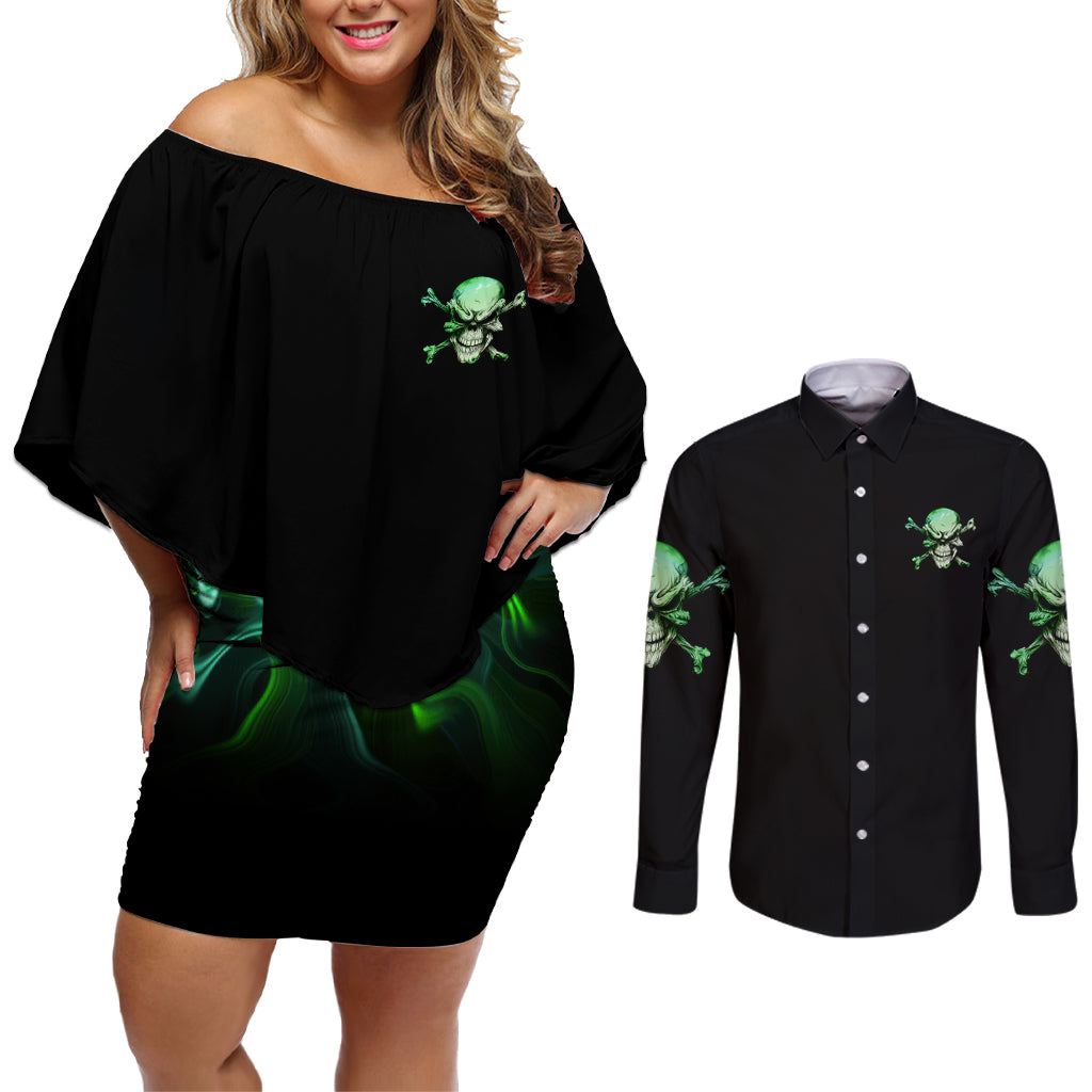 When I Was Born Mad Skull Couples Matching Off Shoulder Short Dress and Long Sleeve Button Shirt - Wonder Print Shop