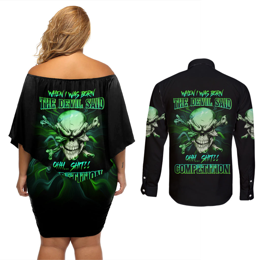 When I Was Born Mad Skull Couples Matching Off Shoulder Short Dress and Long Sleeve Button Shirt - Wonder Print Shop