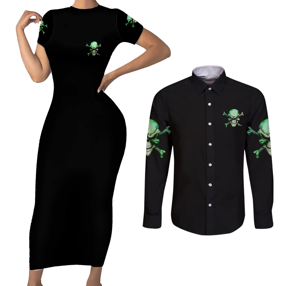When I Was Born Mad Skull Couples Matching Short Sleeve Bodycon Dress and Long Sleeve Button Shirt - Wonder Print Shop
