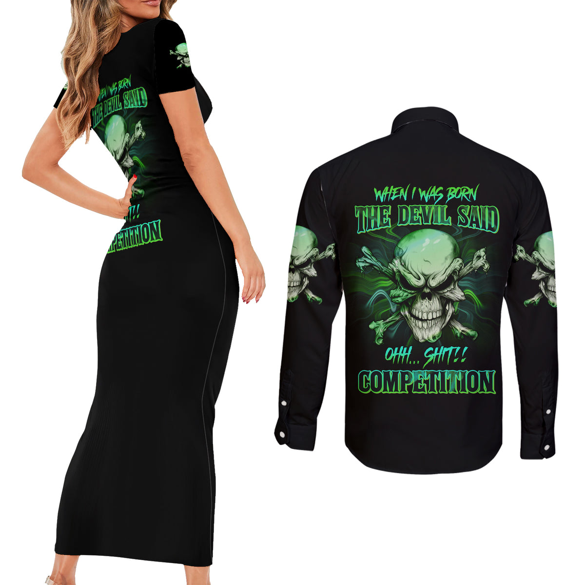 When I Was Born Mad Skull Couples Matching Short Sleeve Bodycon Dress and Long Sleeve Button Shirt - Wonder Print Shop