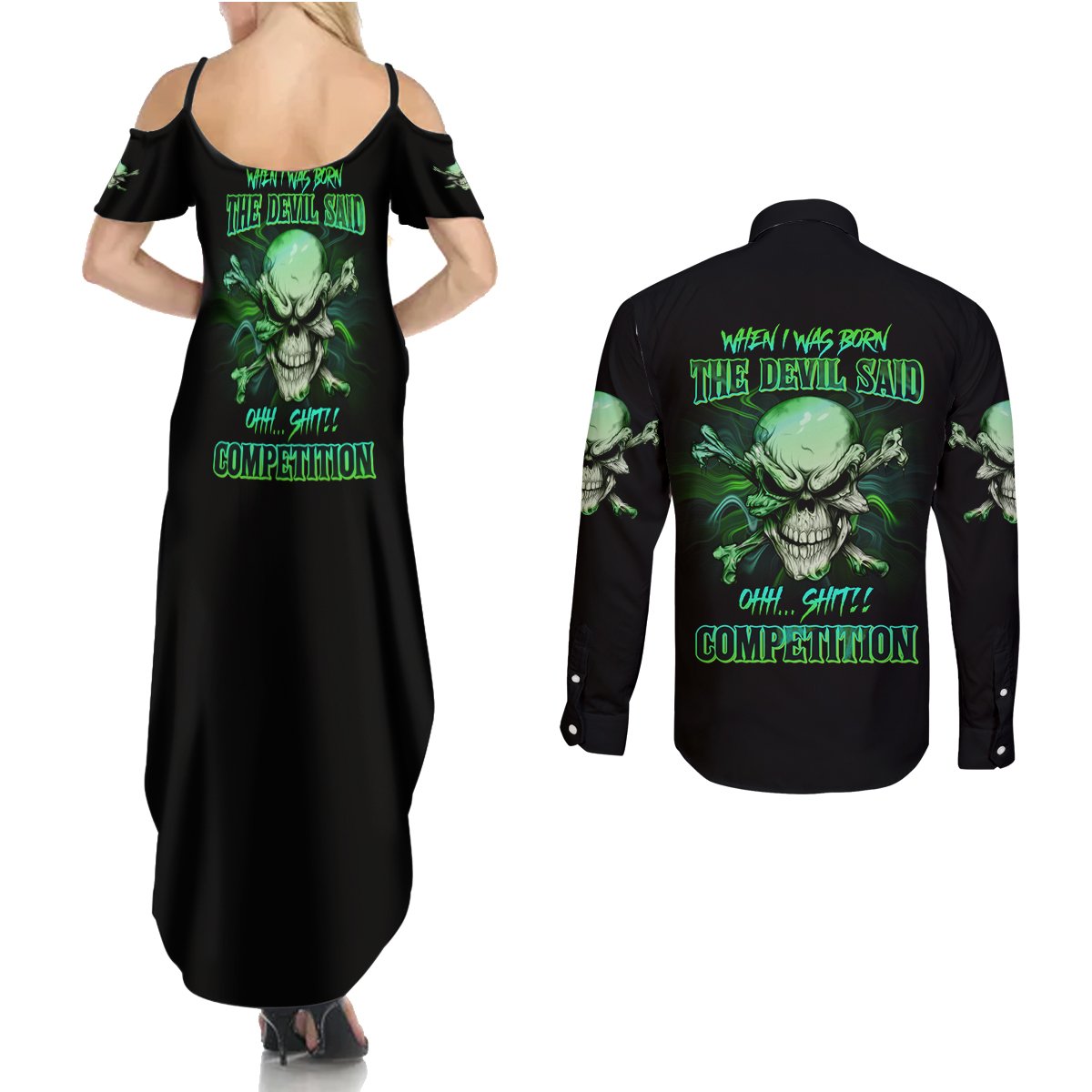 When I Was Born Mad Skull Couples Matching Summer Maxi Dress and Long Sleeve Button Shirt - Wonder Print Shop