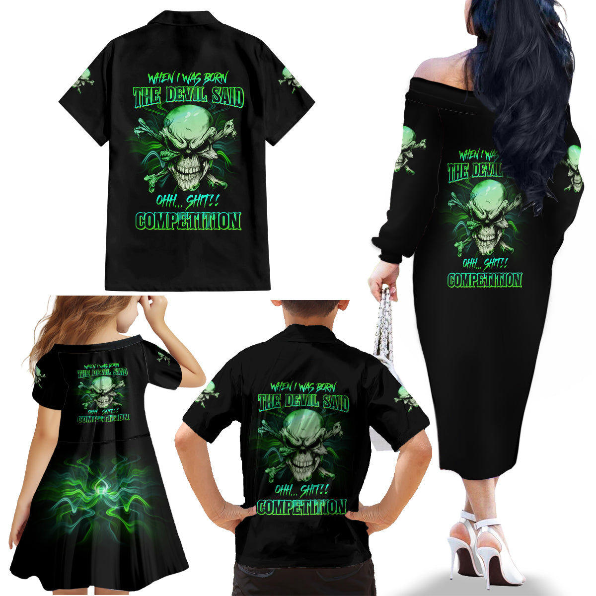 When I Was Born Mad Skull Family Matching Off Shoulder Long Sleeve Dress and Hawaiian Shirt - Wonder Print Shop