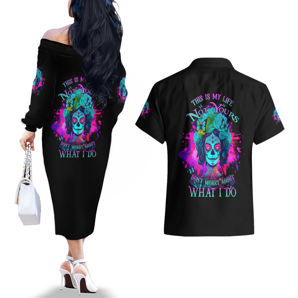 This Is My Life Not Yours Couples Matching Off The Shoulder Long Sleeve Dress and Hawaiian Shirt - Wonder Print Shop