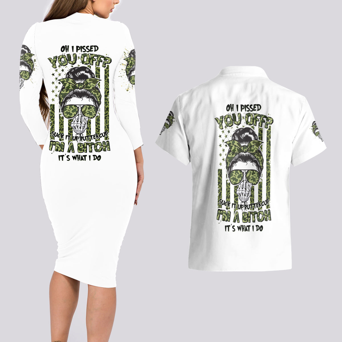 Oh I Pissed You Off Messy Bun Couples Matching Long Sleeve Bodycon Dress and Hawaiian Shirt - Wonder Print Shop