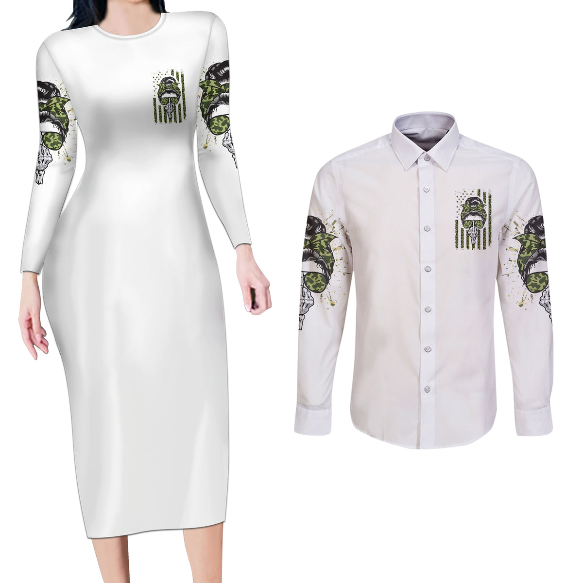 Oh I Pissed You Off Messy Bun Couples Matching Long Sleeve Bodycon Dress and Long Sleeve Button Shirt - Wonder Print Shop