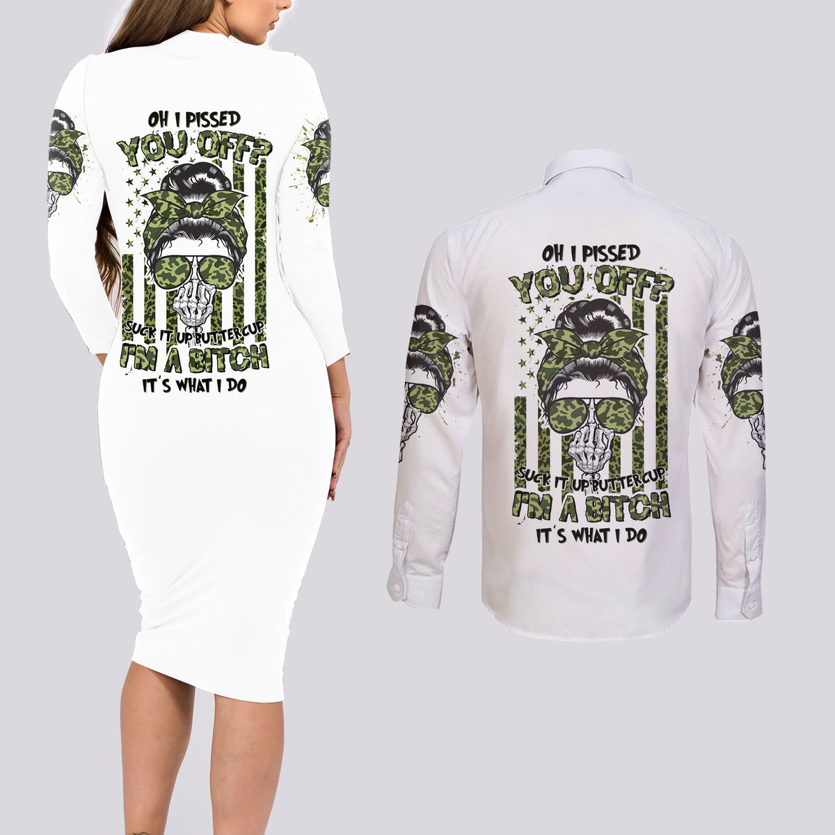 Oh I Pissed You Off Messy Bun Couples Matching Long Sleeve Bodycon Dress and Long Sleeve Button Shirt - Wonder Print Shop
