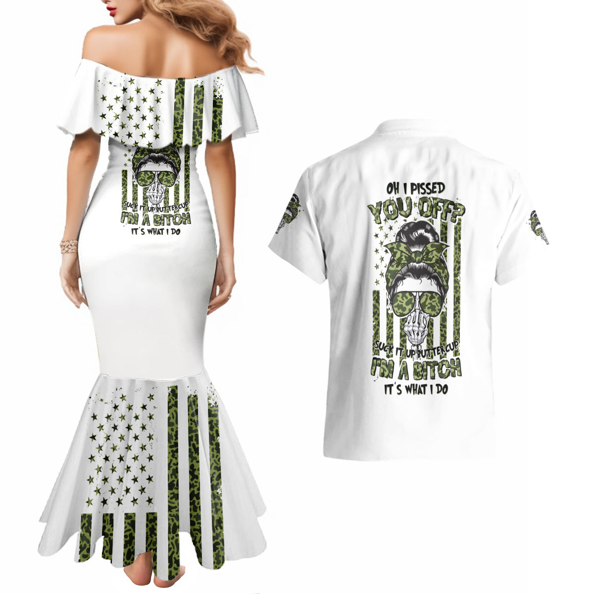 Oh I Pissed You Off Messy Bun Couples Matching Mermaid Dress and Hawaiian Shirt - Wonder Print Shop