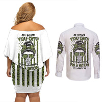 Oh I Pissed You Off Messy Bun Couples Matching Off Shoulder Short Dress and Long Sleeve Button Shirt - Wonder Print Shop