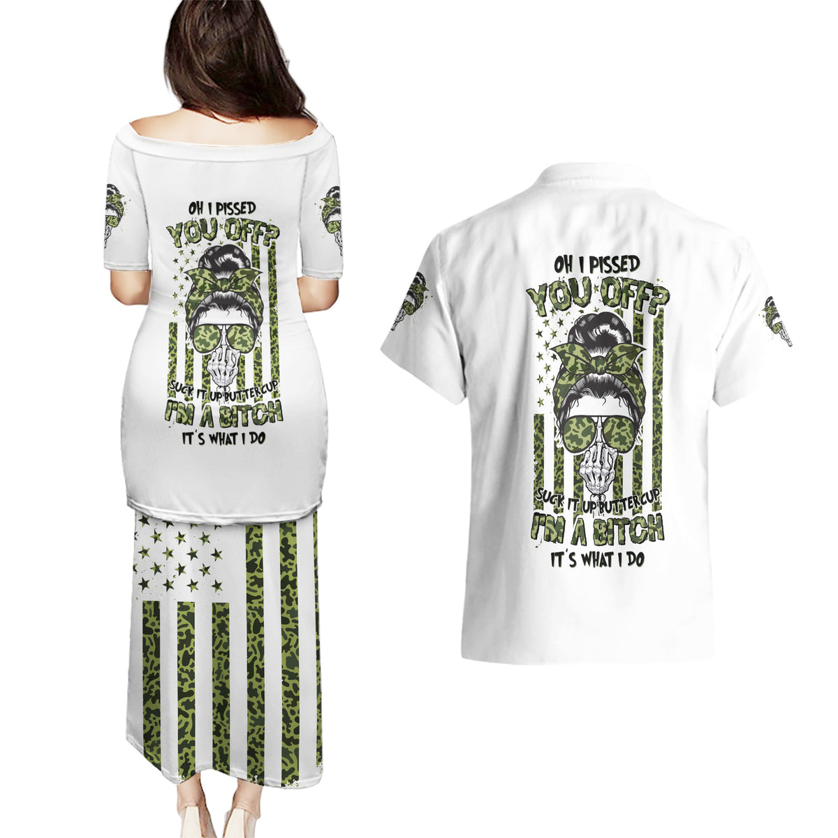 Oh I Pissed You Off Messy Bun Couples Matching Puletasi Dress and Hawaiian Shirt - Wonder Print Shop