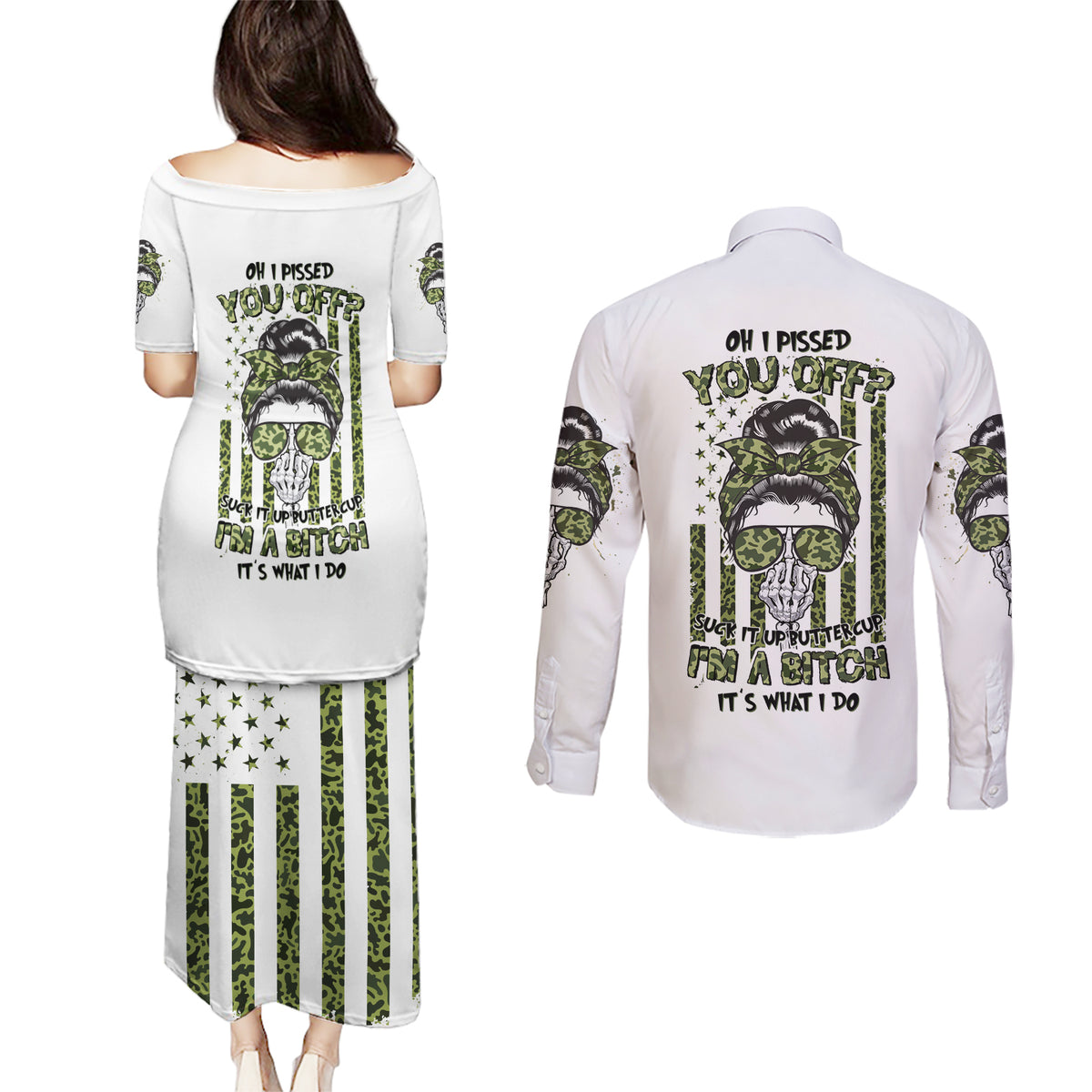 Oh I Pissed You Off Messy Bun Couples Matching Puletasi Dress and Long Sleeve Button Shirt - Wonder Print Shop
