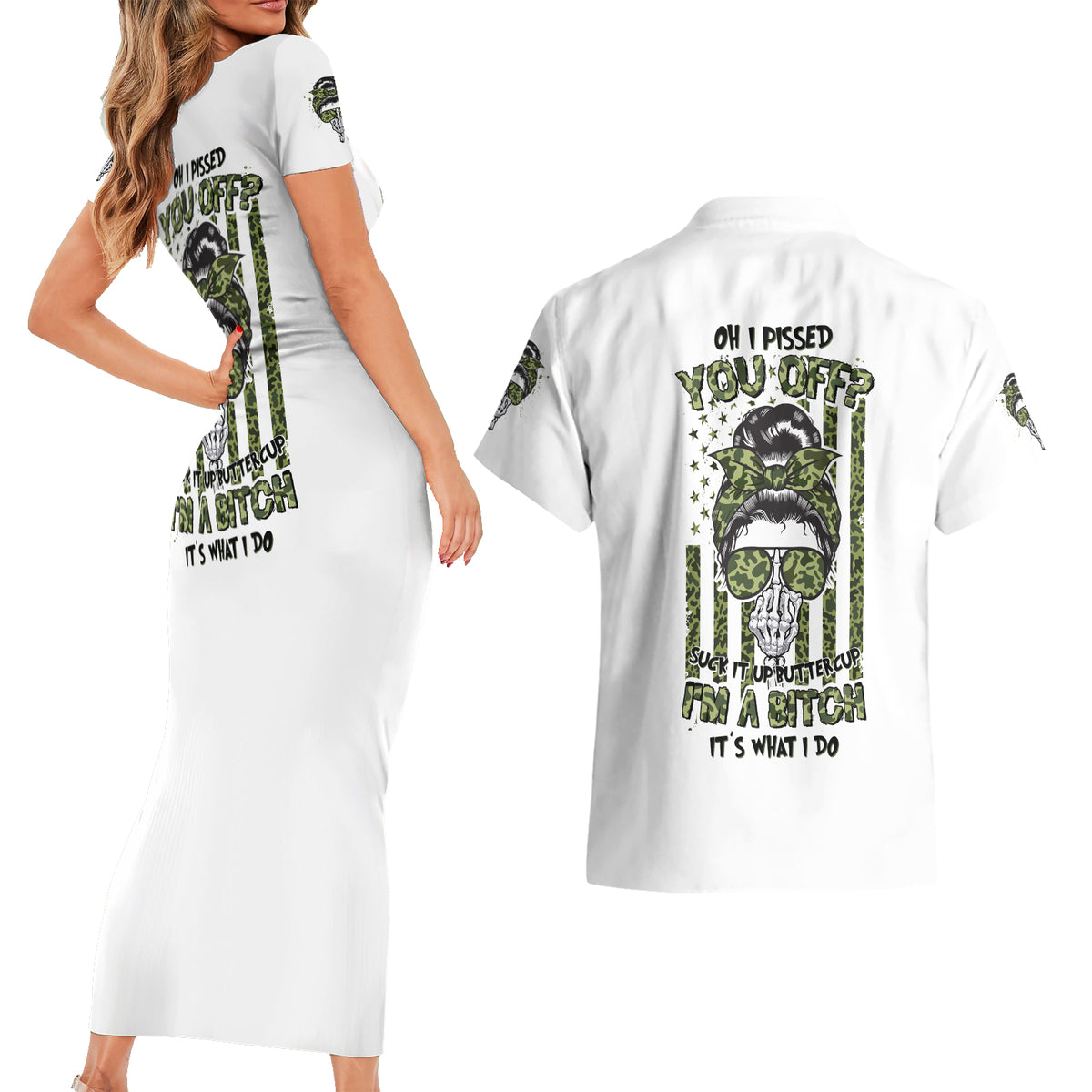 Oh I Pissed You Off Messy Bun Couples Matching Short Sleeve Bodycon Dress and Hawaiian Shirt - Wonder Print Shop
