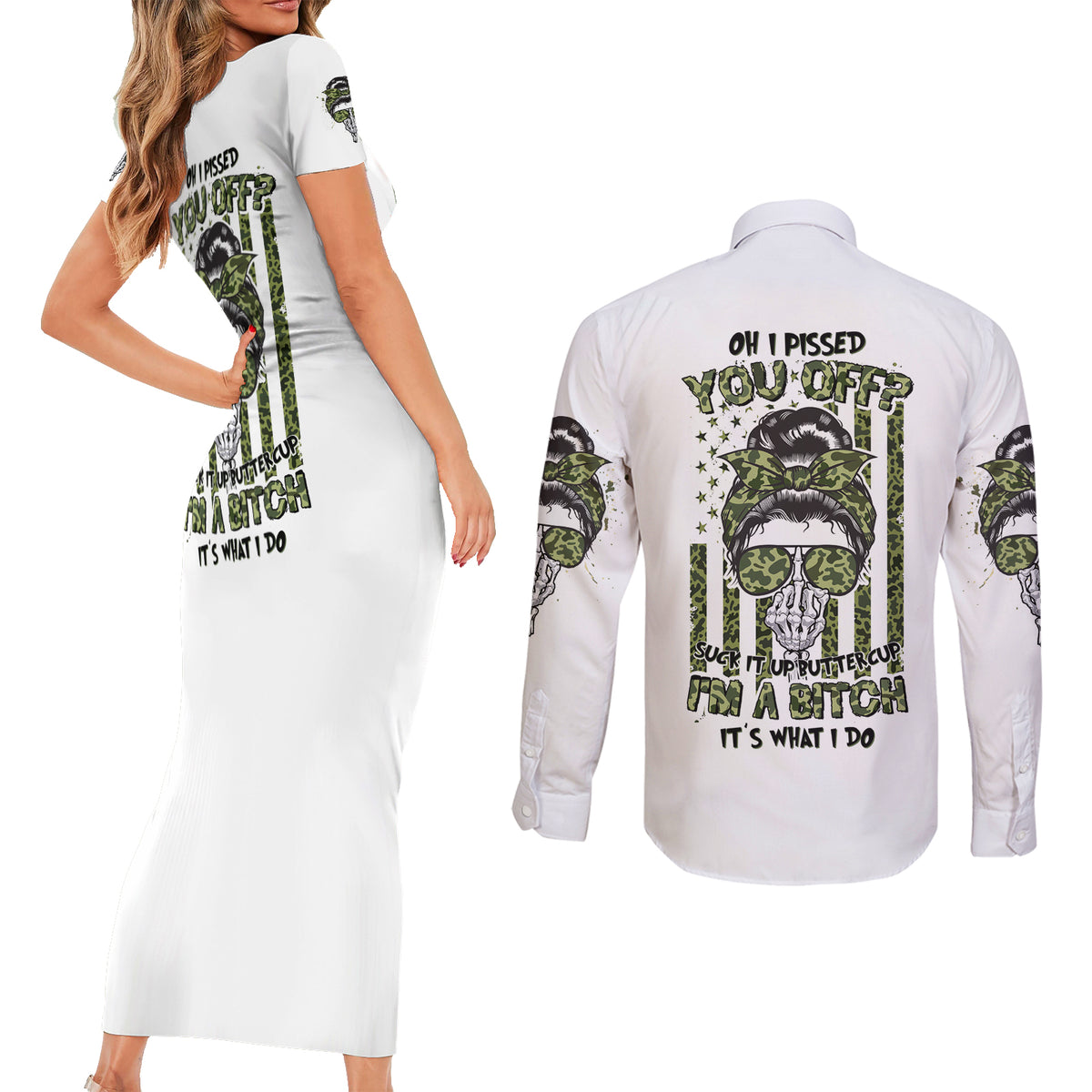 Oh I Pissed You Off Messy Bun Couples Matching Short Sleeve Bodycon Dress and Long Sleeve Button Shirt - Wonder Print Shop