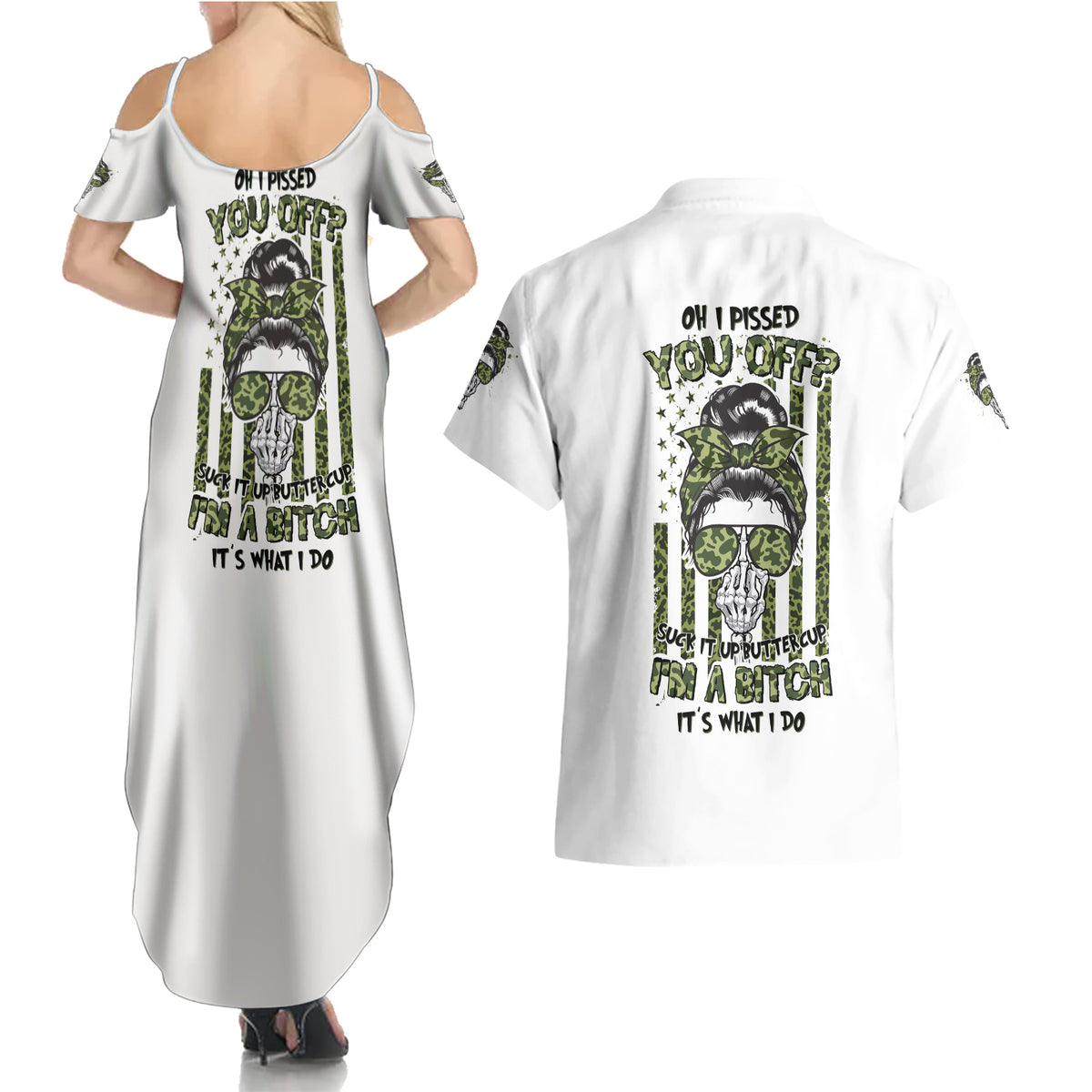 Oh I Pissed You Off Messy Bun Couples Matching Summer Maxi Dress and Hawaiian Shirt - Wonder Print Shop