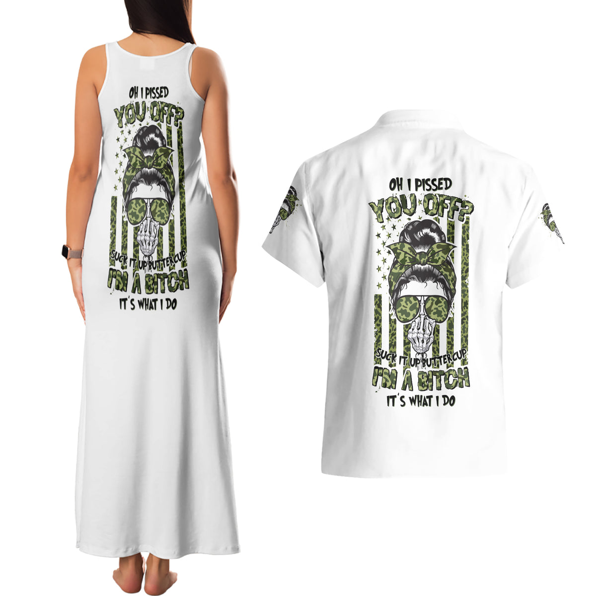 Oh I Pissed You Off Messy Bun Couples Matching Tank Maxi Dress and Hawaiian Shirt - Wonder Print Shop