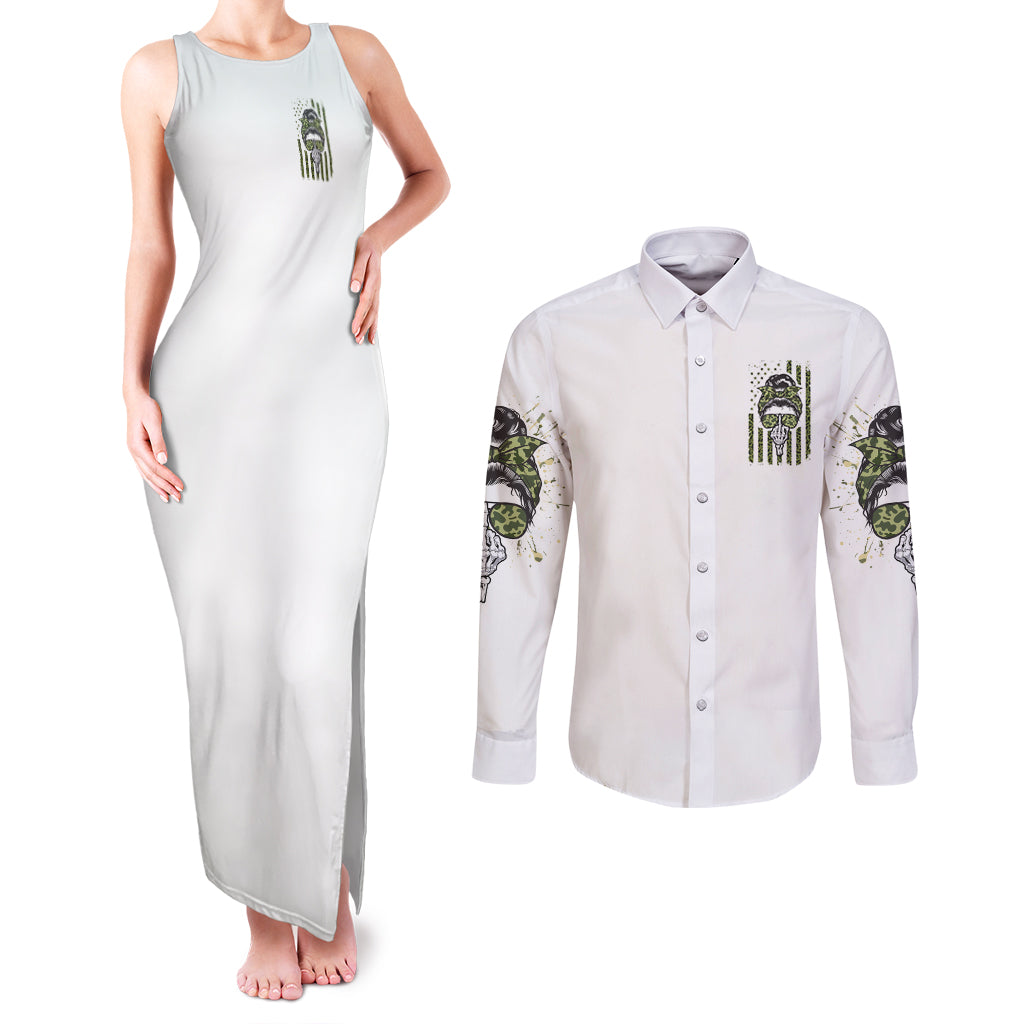 Oh I Pissed You Off Messy Bun Couples Matching Tank Maxi Dress and Long Sleeve Button Shirt - Wonder Print Shop