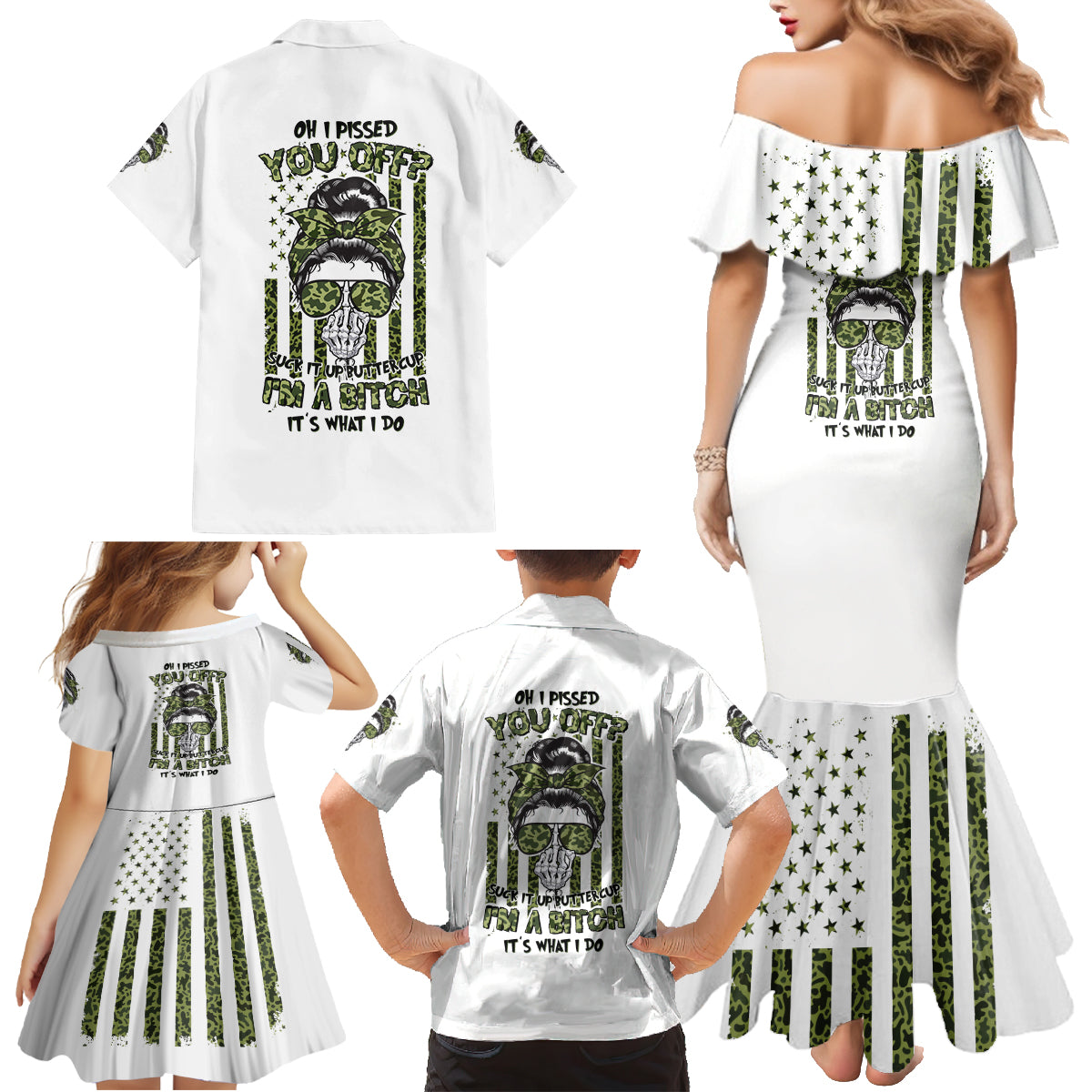 Oh I Pissed You Off Messy Bun Family Matching Mermaid Dress and Hawaiian Shirt - Wonder Print Shop