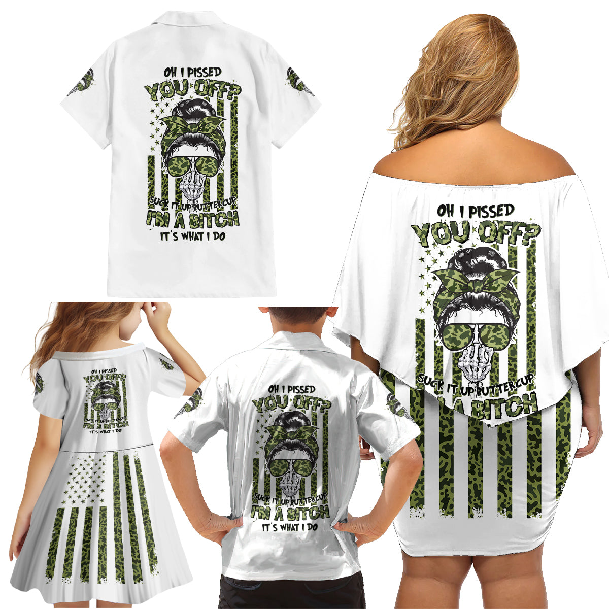 Oh I Pissed You Off Messy Bun Family Matching Off Shoulder Short Dress and Hawaiian Shirt - Wonder Print Shop