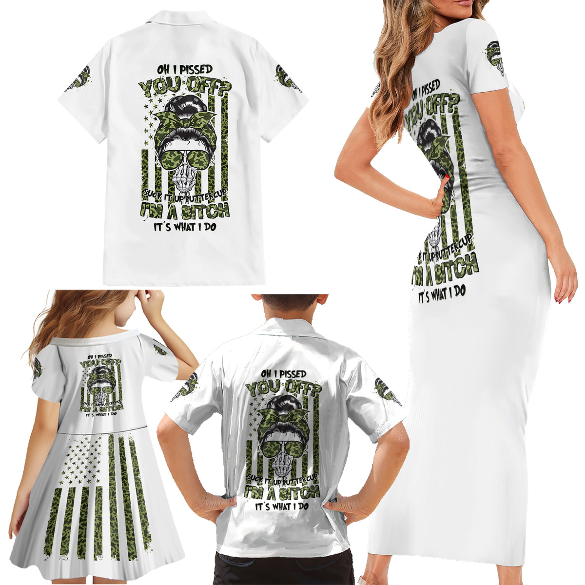 Oh I Pissed You Off Messy Bun Family Matching Short Sleeve Bodycon Dress and Hawaiian Shirt - Wonder Print Shop