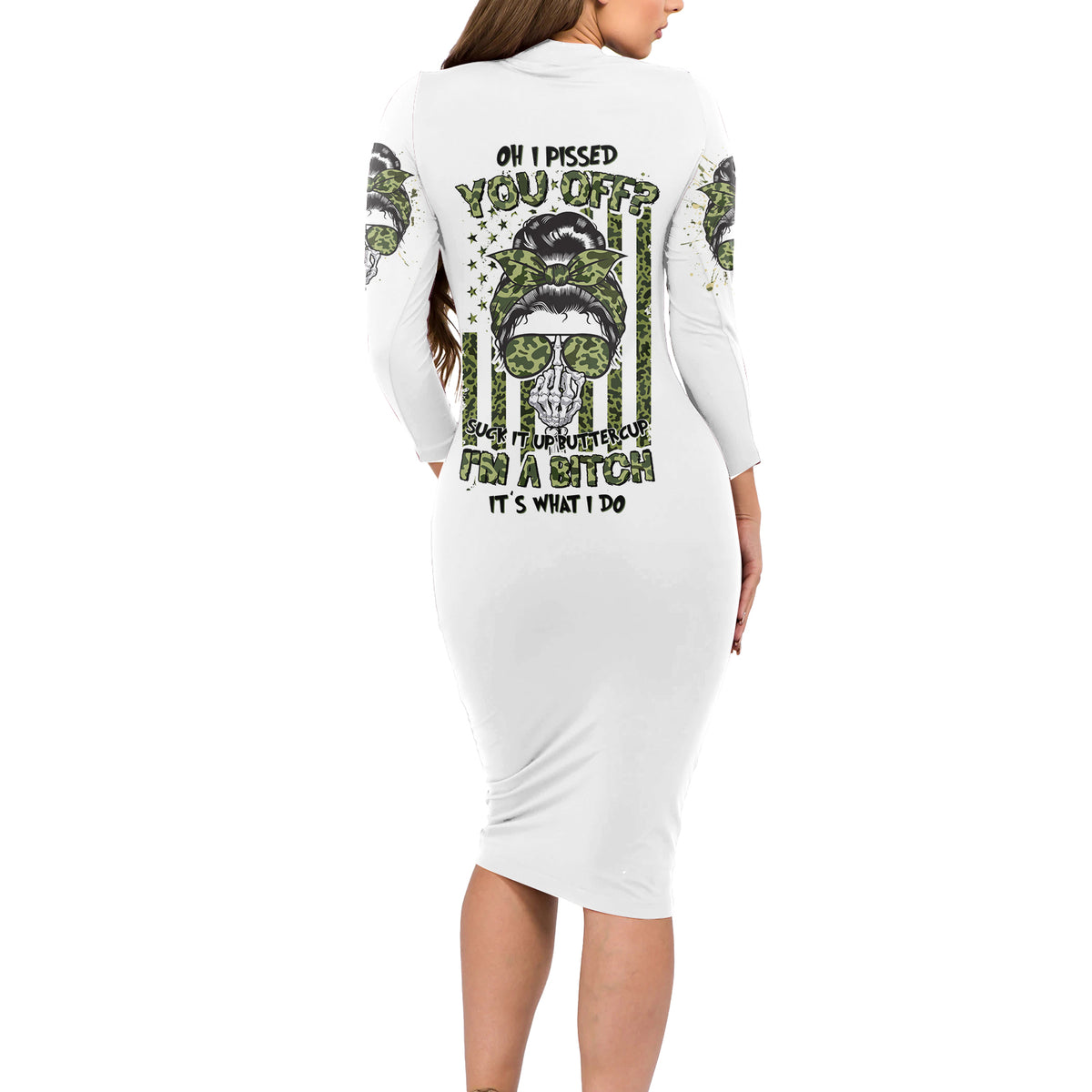 Oh I Pissed You Off Messy Bun Long Sleeve Bodycon Dress - Wonder Print Shop