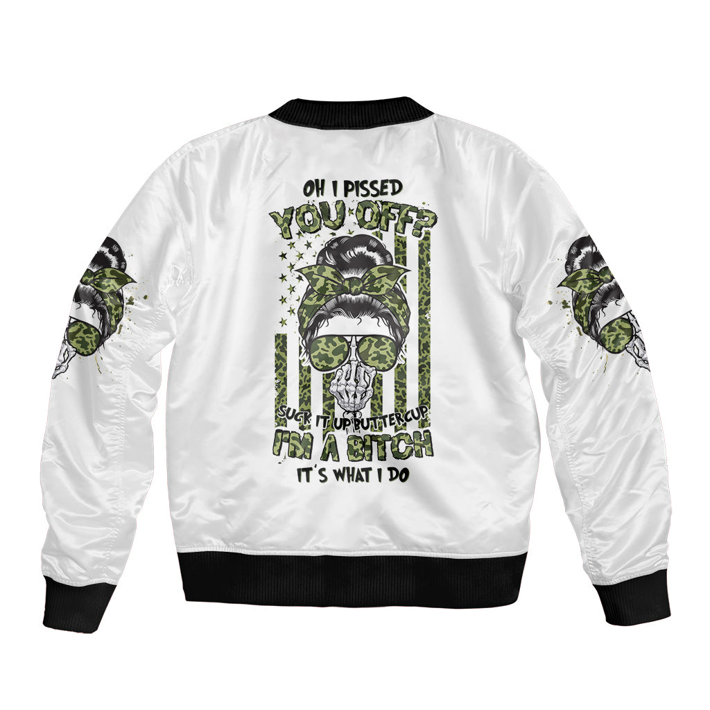Oh I Pissed You Off Messy Bun Sleeve Zip Bomber Jacket - Wonder Print Shop