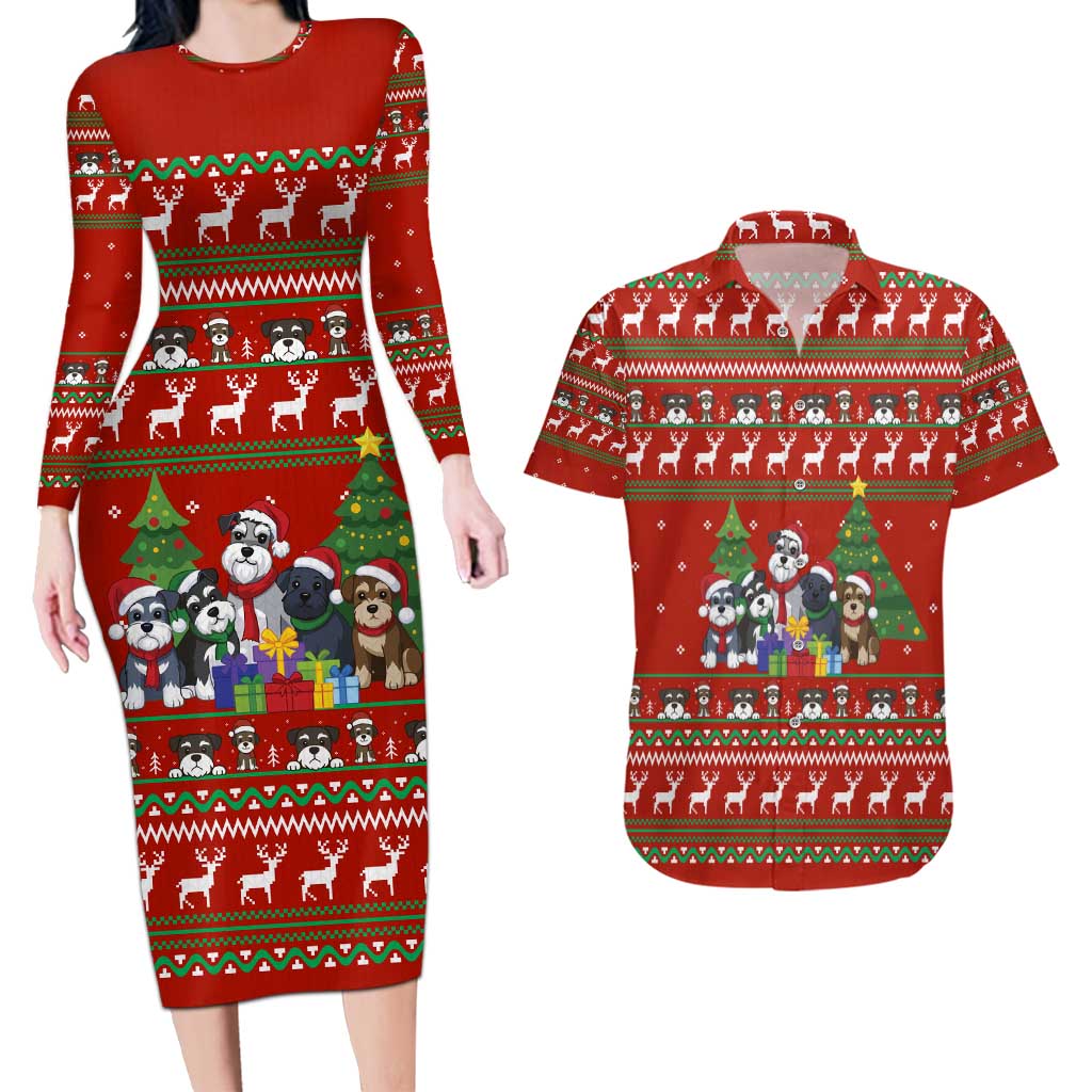 Miniature Schnauzer Family Snow Christmas Couples Matching Long Sleeve Bodycon Dress and Hawaiian Shirt Xmas Holiday Patterns - Wonder Print Shop