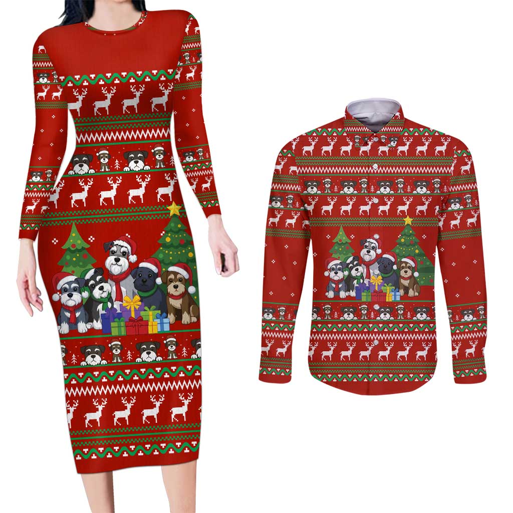 Miniature Schnauzer Family Snow Christmas Couples Matching Long Sleeve Bodycon Dress and Long Sleeve Button Shirt Xmas Holiday Patterns - Wonder Print Shop