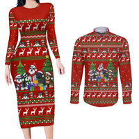 Miniature Schnauzer Family Snow Christmas Couples Matching Long Sleeve Bodycon Dress and Long Sleeve Button Shirt Xmas Holiday Patterns - Wonder Print Shop