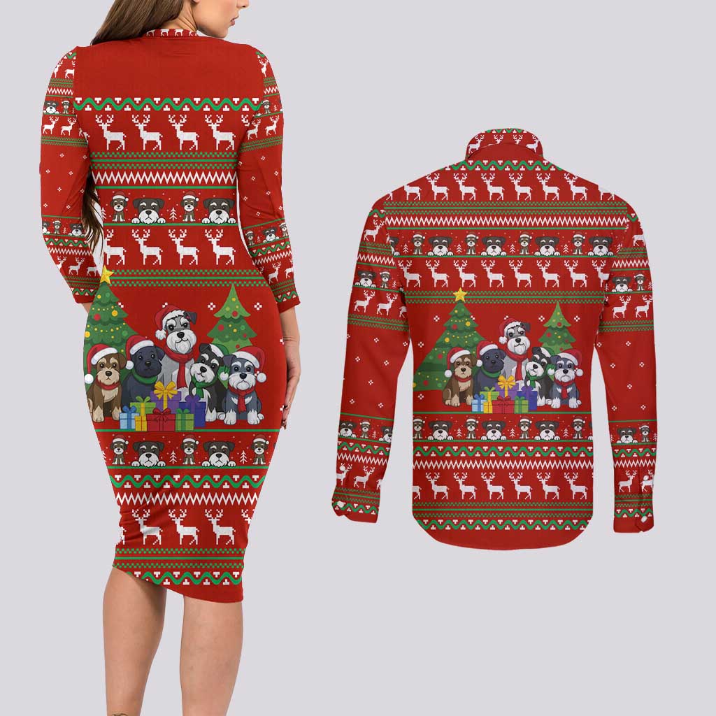 Miniature Schnauzer Family Snow Christmas Couples Matching Long Sleeve Bodycon Dress and Long Sleeve Button Shirt Xmas Holiday Patterns - Wonder Print Shop