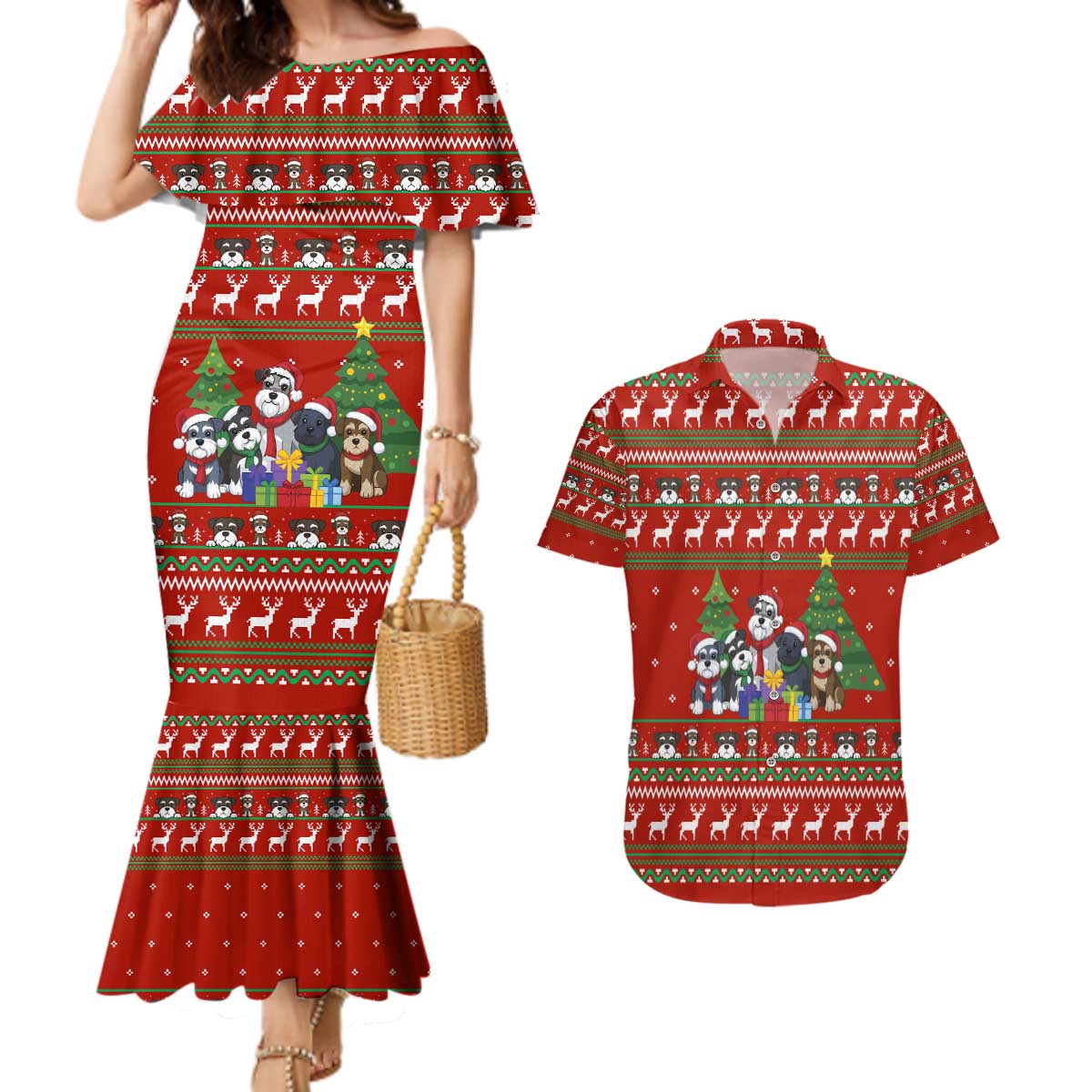 Miniature Schnauzer Family Snow Christmas Couples Matching Mermaid Dress and Hawaiian Shirt Xmas Holiday Patterns - Wonder Print Shop