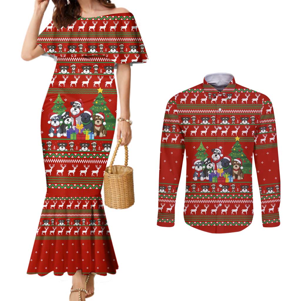 Miniature Schnauzer Family Snow Christmas Couples Matching Mermaid Dress and Long Sleeve Button Shirt Xmas Holiday Patterns - Wonder Print Shop