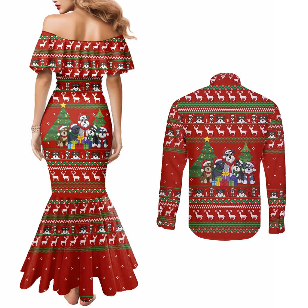 Miniature Schnauzer Family Snow Christmas Couples Matching Mermaid Dress and Long Sleeve Button Shirt Xmas Holiday Patterns - Wonder Print Shop