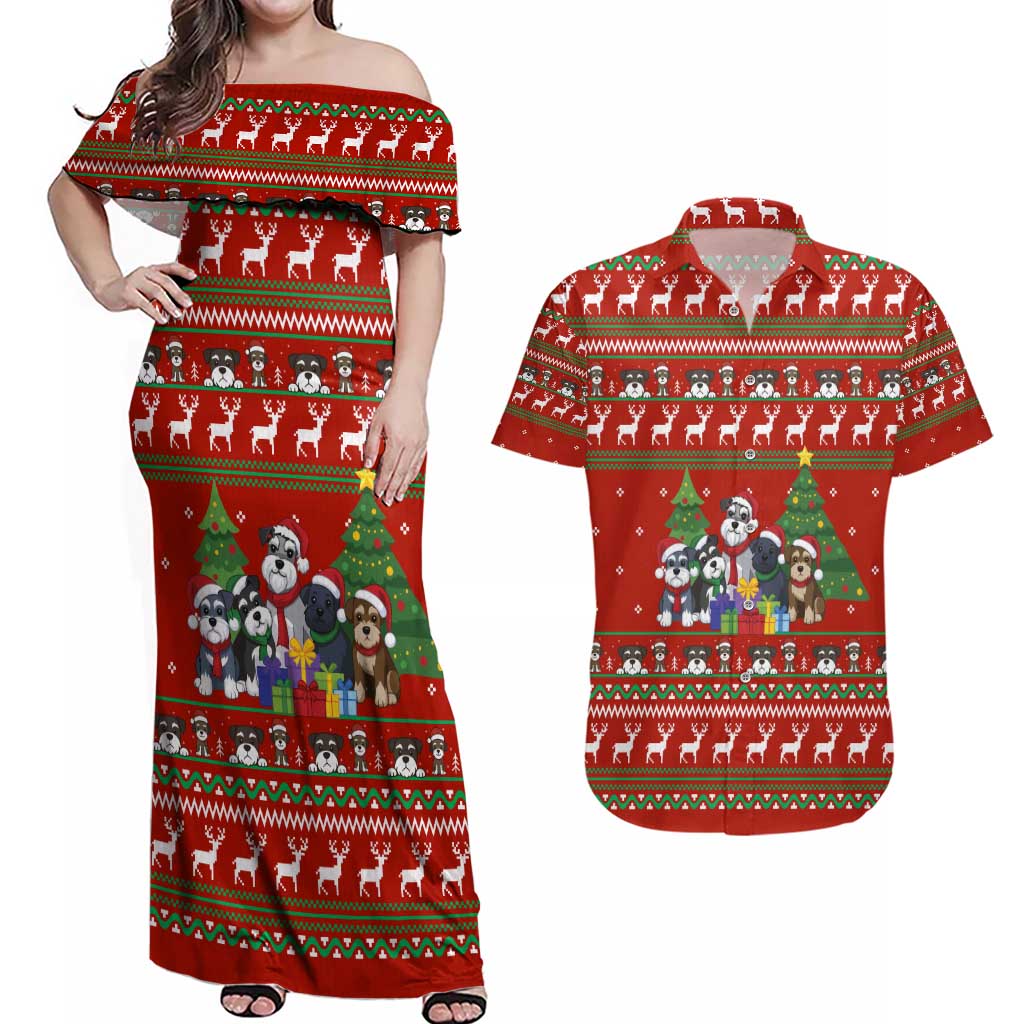 Miniature Schnauzer Family Snow Christmas Couples Matching Off Shoulder Maxi Dress and Hawaiian Shirt Xmas Holiday Patterns - Wonder Print Shop