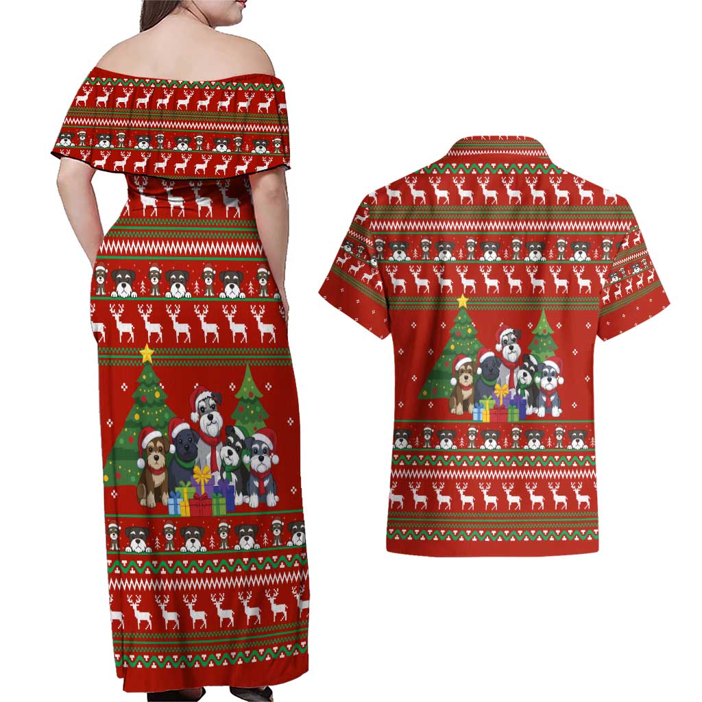 Miniature Schnauzer Family Snow Christmas Couples Matching Off Shoulder Maxi Dress and Hawaiian Shirt Xmas Holiday Patterns - Wonder Print Shop
