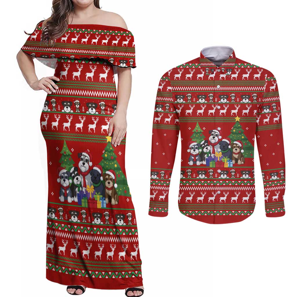 Miniature Schnauzer Family Snow Christmas Couples Matching Off Shoulder Maxi Dress and Long Sleeve Button Shirt Xmas Holiday Patterns - Wonder Print Shop