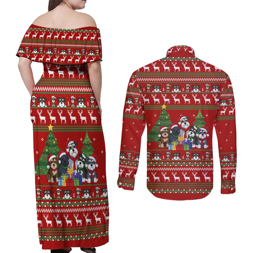 Miniature Schnauzer Family Snow Christmas Couples Matching Off Shoulder Maxi Dress and Long Sleeve Button Shirt Xmas Holiday Patterns - Wonder Print Shop