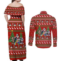 Miniature Schnauzer Family Snow Christmas Couples Matching Off Shoulder Maxi Dress and Long Sleeve Button Shirt Xmas Holiday Patterns - Wonder Print Shop