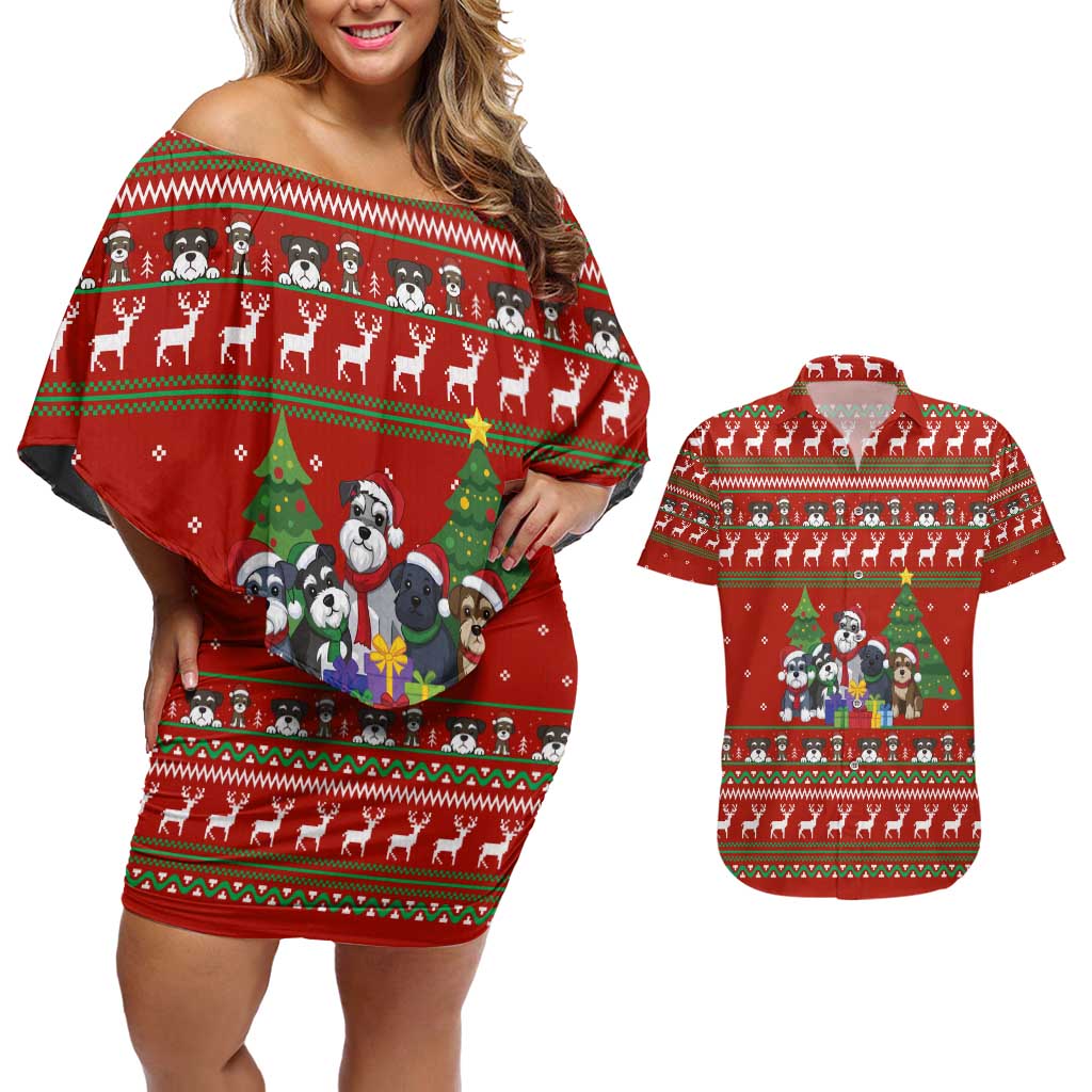 Miniature Schnauzer Family Snow Christmas Couples Matching Off Shoulder Short Dress and Hawaiian Shirt Xmas Holiday Patterns - Wonder Print Shop