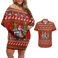 Miniature Schnauzer Family Snow Christmas Couples Matching Off Shoulder Short Dress and Hawaiian Shirt Xmas Holiday Patterns - Wonder Print Shop