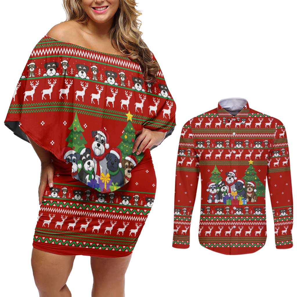 Miniature Schnauzer Family Snow Christmas Couples Matching Off Shoulder Short Dress and Long Sleeve Button Shirt Xmas Holiday Patterns - Wonder Print Shop