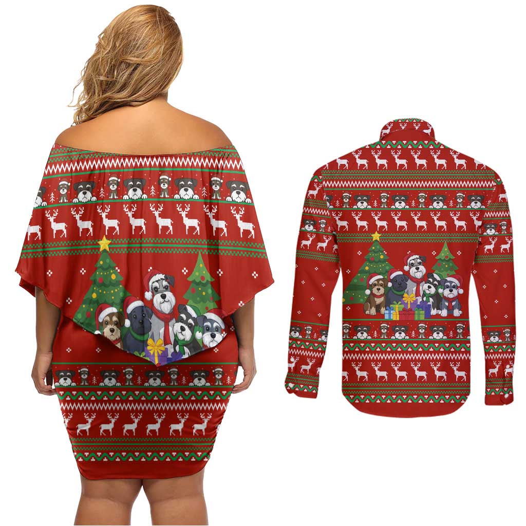 Miniature Schnauzer Family Snow Christmas Couples Matching Off Shoulder Short Dress and Long Sleeve Button Shirt Xmas Holiday Patterns - Wonder Print Shop