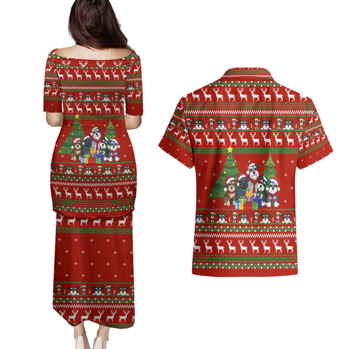 Miniature Schnauzer Family Snow Christmas Couples Matching Puletasi and Hawaiian Shirt Xmas Holiday Patterns - Wonder Print Shop