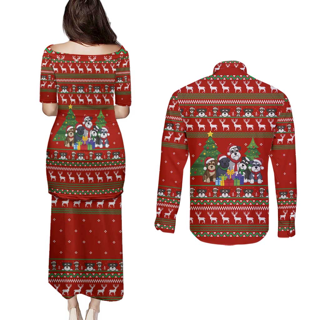 Miniature Schnauzer Family Snow Christmas Couples Matching Puletasi and Long Sleeve Button Shirt Xmas Holiday Patterns - Wonder Print Shop