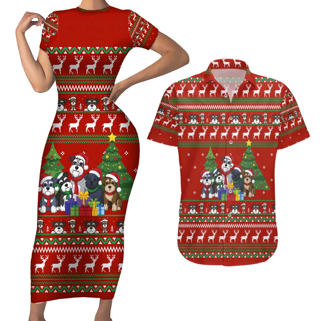 Miniature Schnauzer Family Snow Christmas Couples Matching Short Sleeve Bodycon Dress and Hawaiian Shirt Xmas Holiday Patterns - Wonder Print Shop