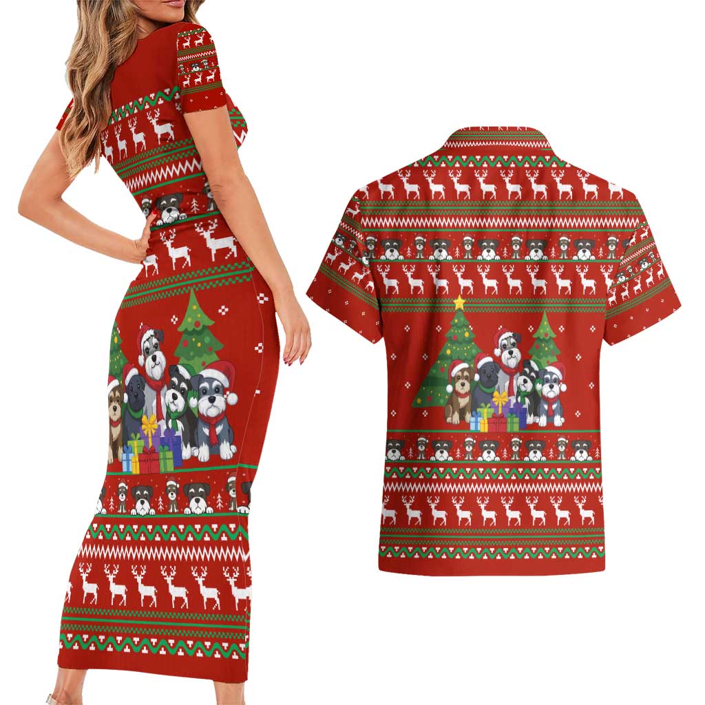 Miniature Schnauzer Family Snow Christmas Couples Matching Short Sleeve Bodycon Dress and Hawaiian Shirt Xmas Holiday Patterns - Wonder Print Shop