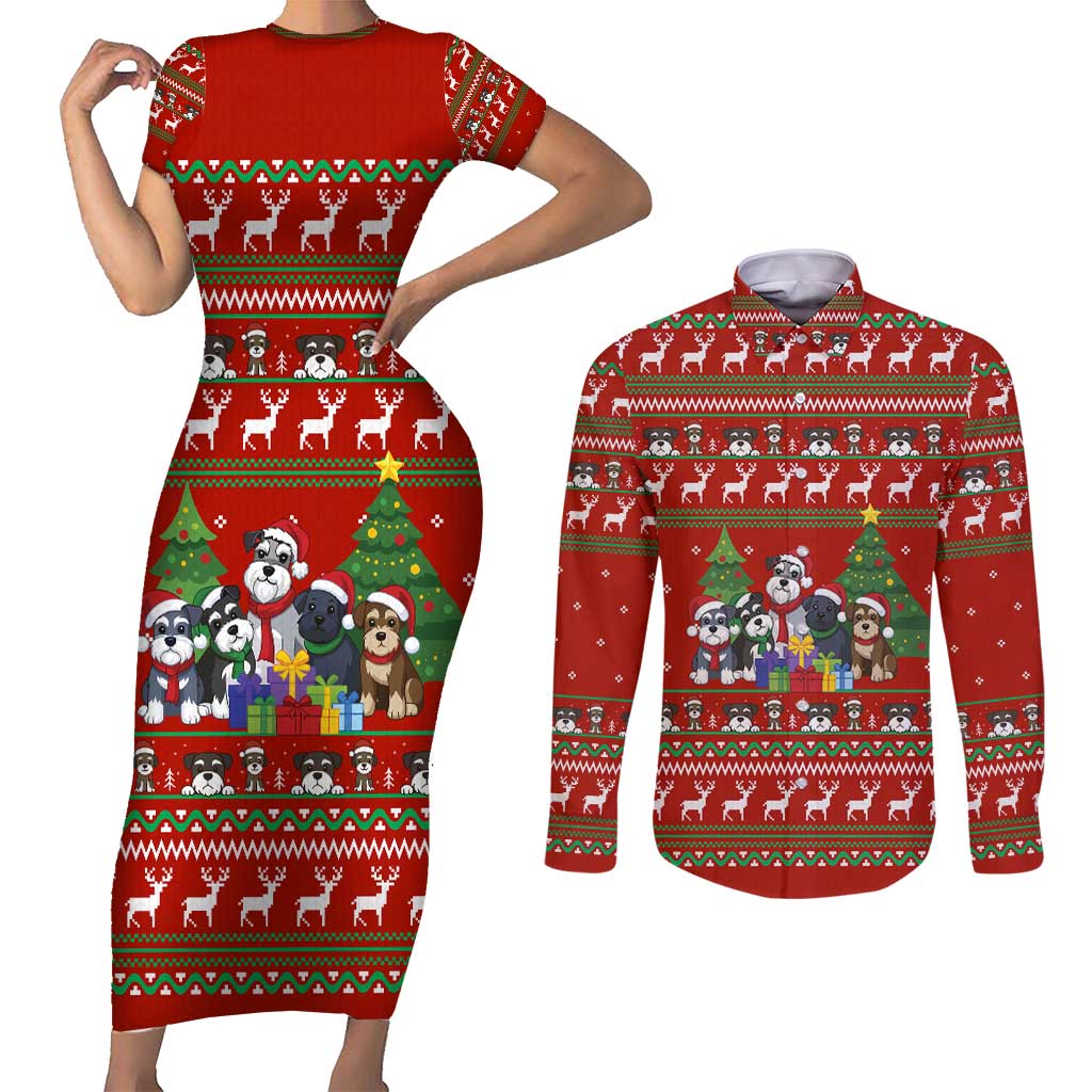 Miniature Schnauzer Family Snow Christmas Couples Matching Short Sleeve Bodycon Dress and Long Sleeve Button Shirt Xmas Holiday Patterns - Wonder Print Shop